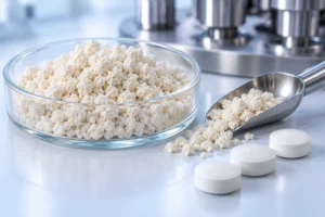 گرانول دارویی DC در ظرف آزمایشگاهی کنار قرصهای فشردهشده